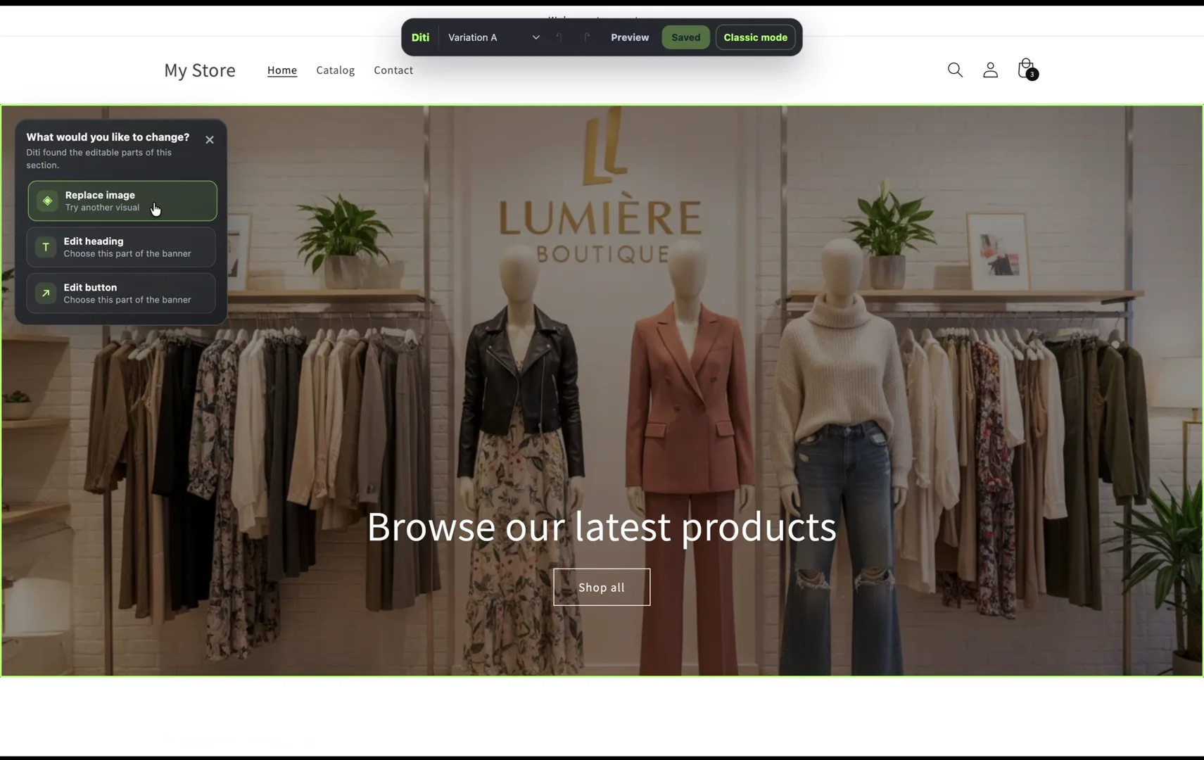 Diti visual editor showing editable image, heading, and button options for a storefront hero section