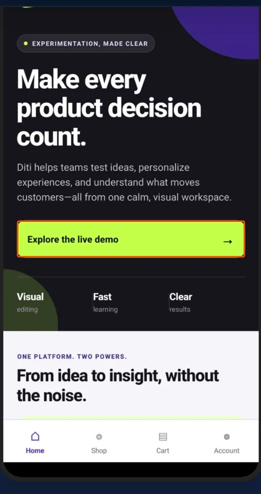 React Native A/B testing control screen in Diti, with the original lime Explore the live demo button.