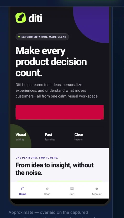 React Native A/B testing variation preview in Diti, with the Explore the live demo button changed to red.