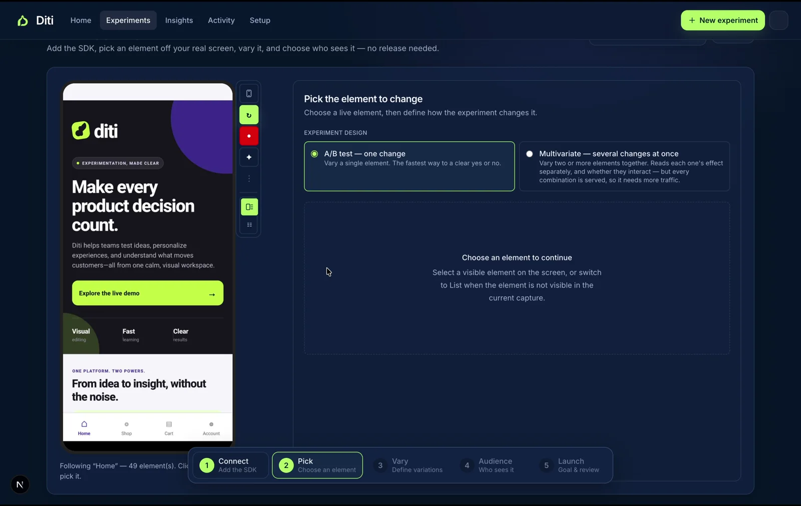 Diti React Native A/B testing workspace showing a live mobile app screen and controls for selecting an element to test.