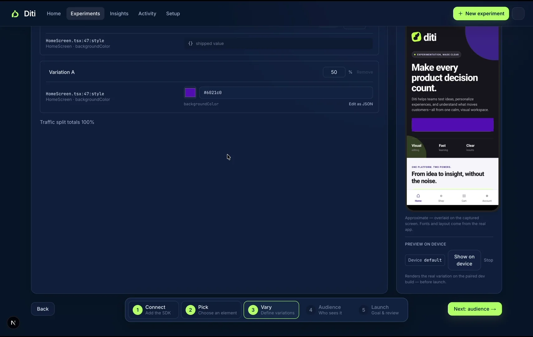 Diti variation editor showing a color variation and live app preview