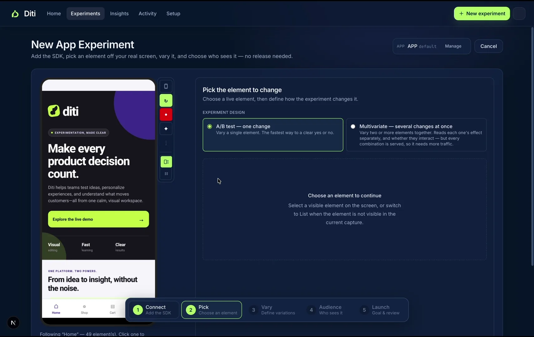Diti New App Experiment workflow showing a React Native screen and A/B test selection